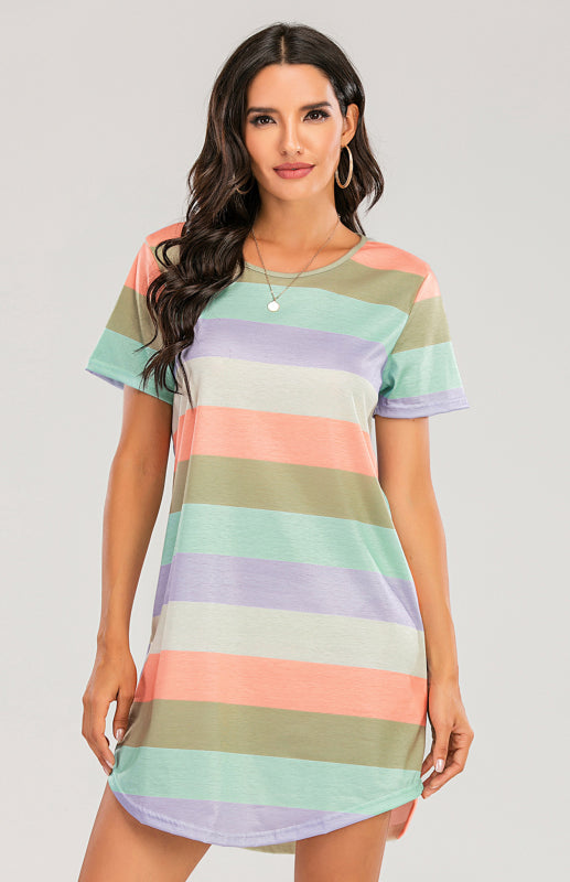 Women's Short Sleeve Rainbow Striped Loose T-Shirt Pyjama Sets