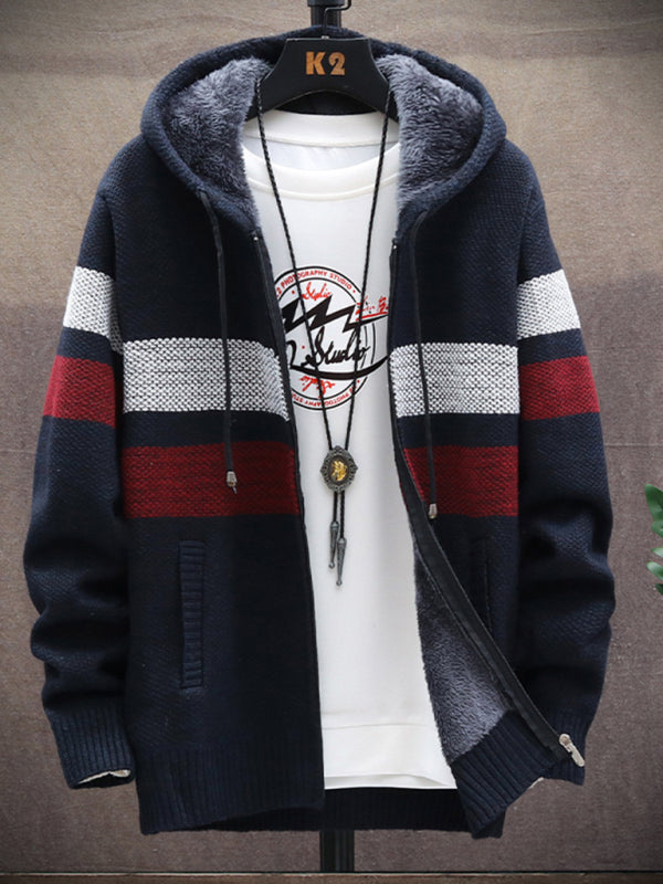 Fleece sweater cardigan Contrast color jacket youth slim fit trendy hooded jacket