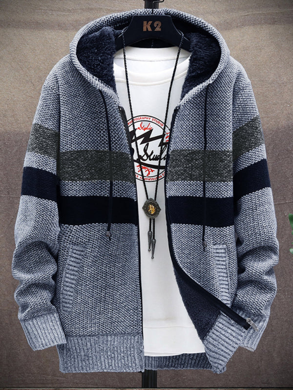 Fleece sweater cardigan Contrast color jacket youth slim fit trendy hooded jacket