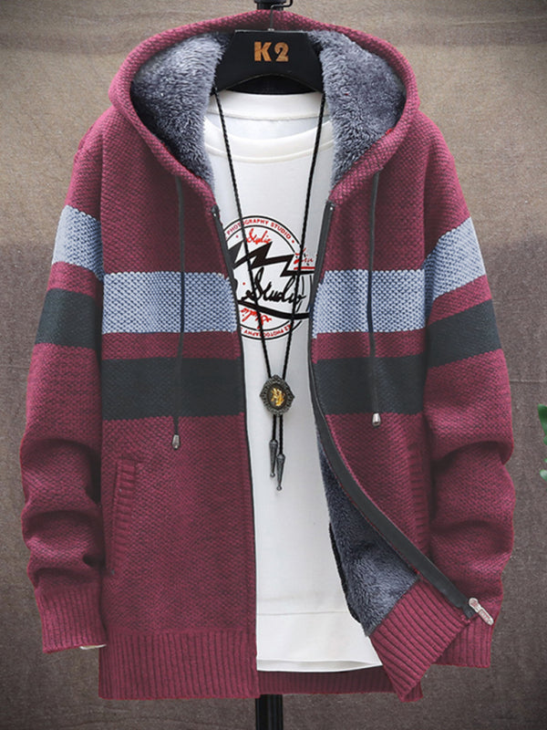 Fleece sweater cardigan Contrast color jacket youth slim fit trendy hooded jacket