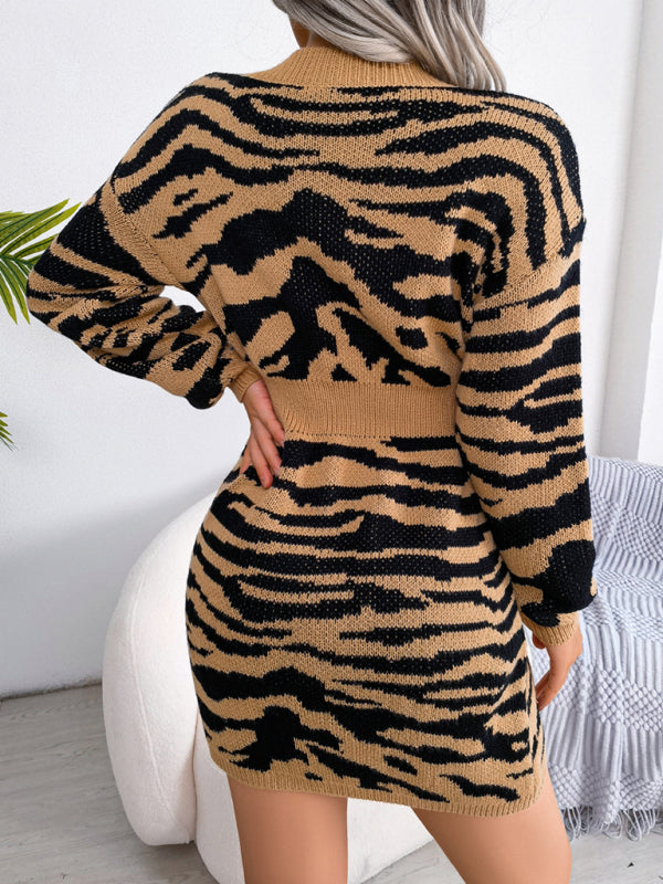 Women's fashion tiger pattern Lantern Sleeve waist closed wool dress