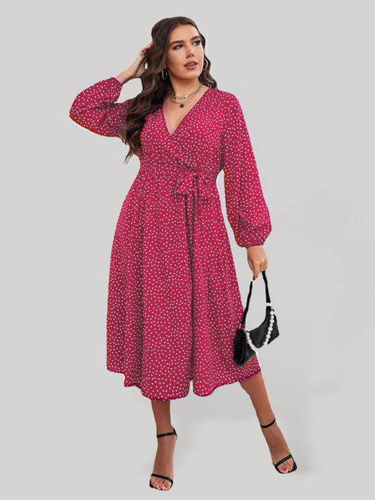 Plus size big pendulum polka dot long sleeve commuter red dress