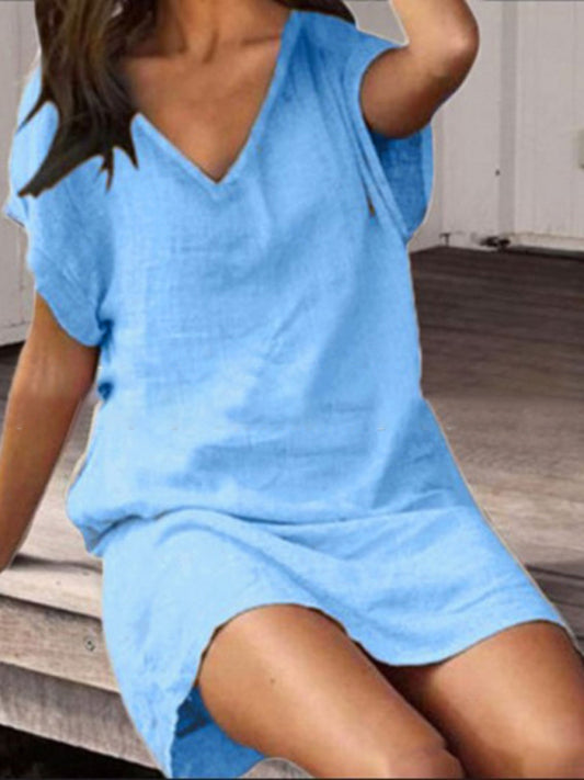 Cotton linen solid color loose V-neck short-sleeved dress