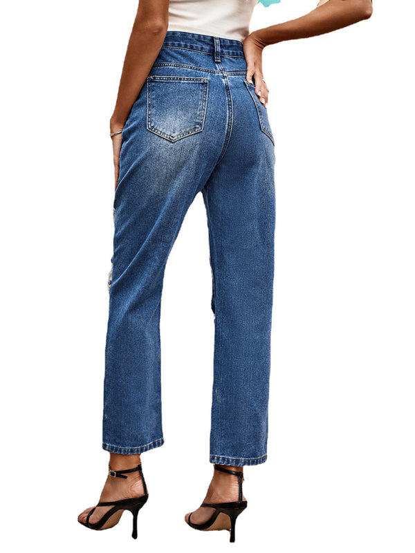 All-match washed ripped straight-leg denim cropped pants