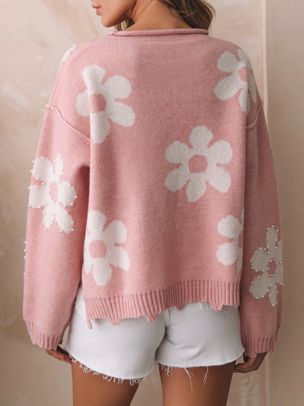 Women's Drop Shoulder Floral Pearl Loose Sweater